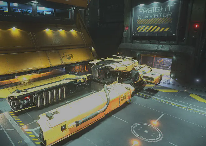 Drake Vulture ist mit dem Frachtraum Richtung Aufzug gelandet