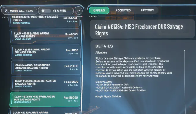 Missionsauswahl der Salvage Missionen im MobiGlas