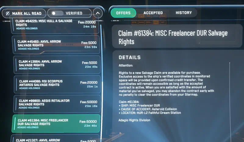 Missionsauswahl der Salvage Missionen im MobiGlas