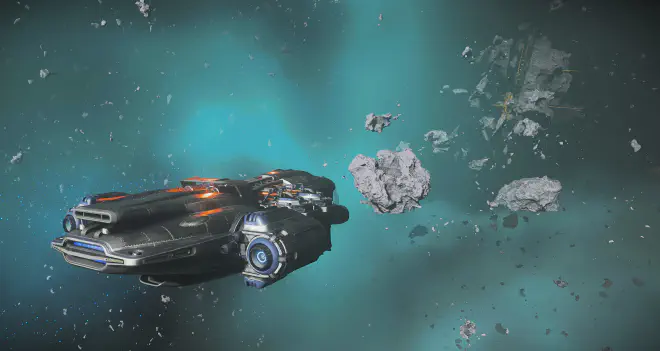 Eine Prospector in einem Asteroidenfeld vor einer Raumstation