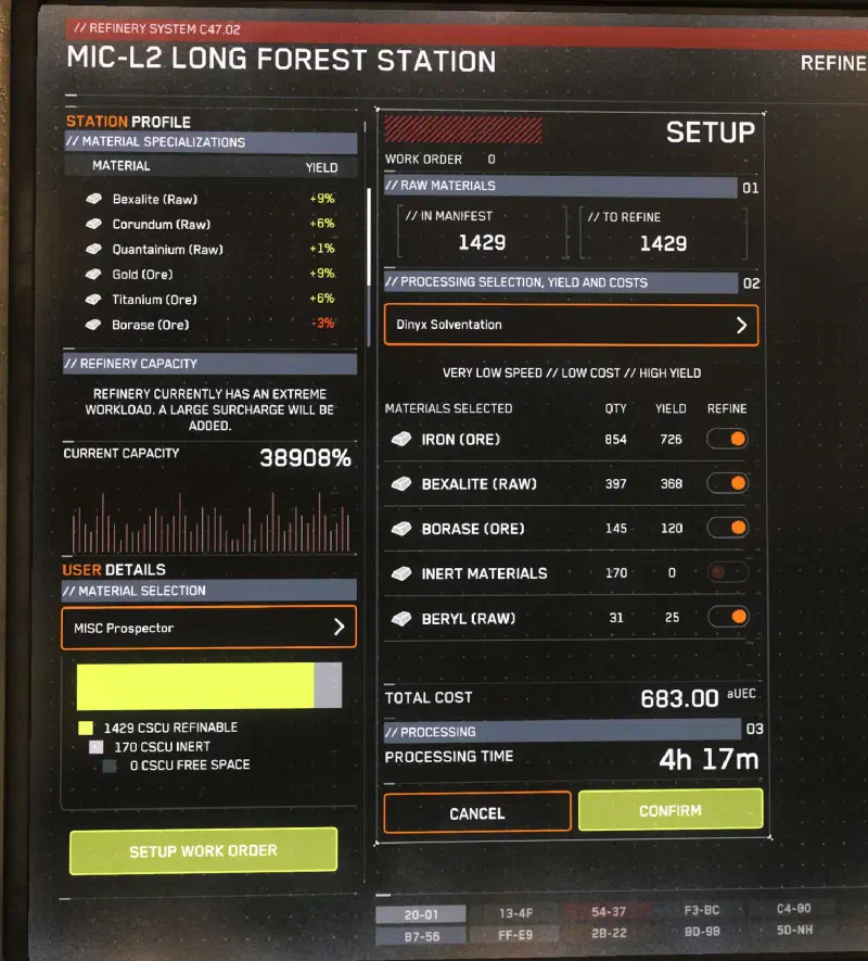 Star Citizen Raffinerie-Verarbeitungsmethoden.