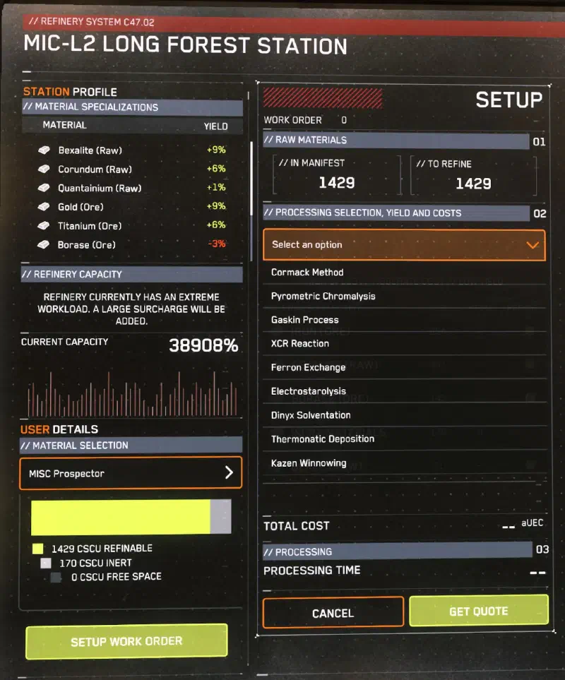 Star Citizen Raffinerie-Verarbeitungsmethoden.