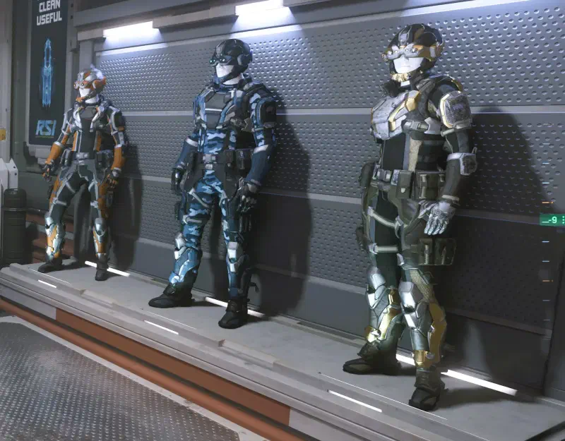 Rüstung auf Schaufensterpuppen im Waffenshop Cubby Blast in Area18