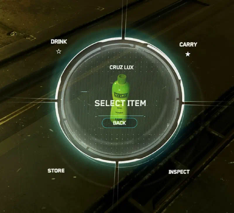 Interaktionsmenü einer CRUZ Lux Flasche