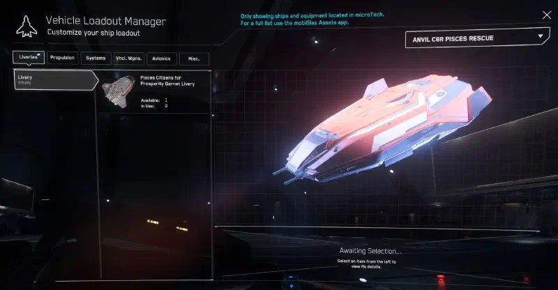Geöffnetes MobiGlas im Tab Vehicles