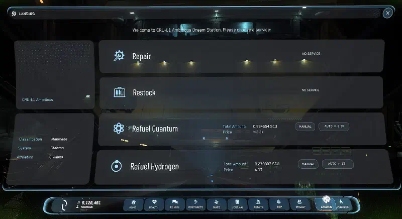 Geöffnetes MobiGlas auf der Landing Services Seite