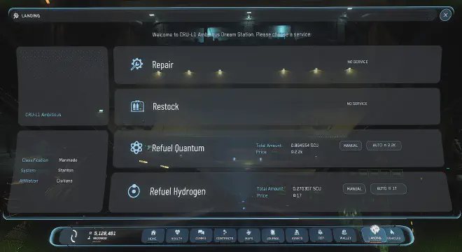 Geöffnetes MobiGlas auf der Landing Services Seite