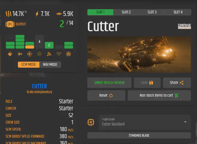 erkul.games Ausschnitt mit einer Drake Cutter