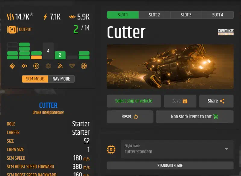 erkul.games Ausschnitt mit einer Drake Cutter