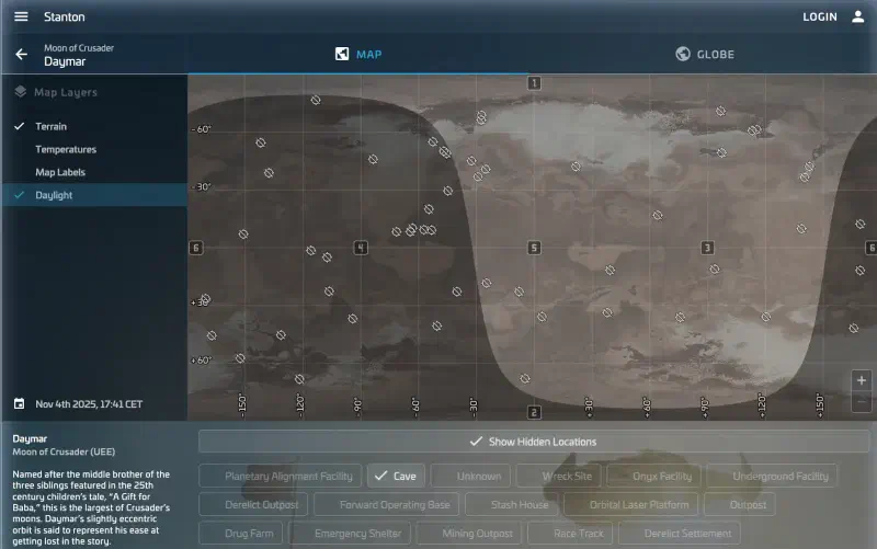 VerseGuide.com Screenshot der Planetenübersicht Arial, Hurston, Stanton